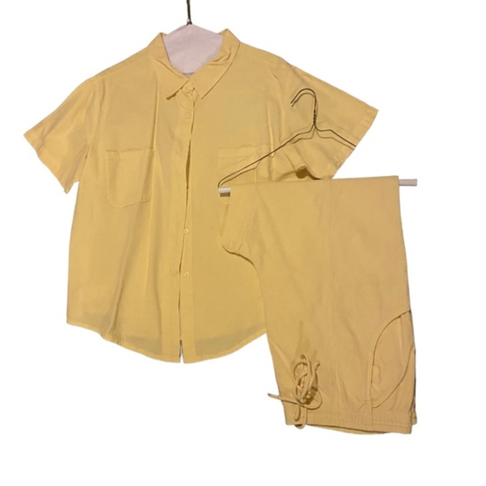 Vintage Ragton Set Button Up Top & Capri Pants Petite XL PXL Solid Yellow Pit to